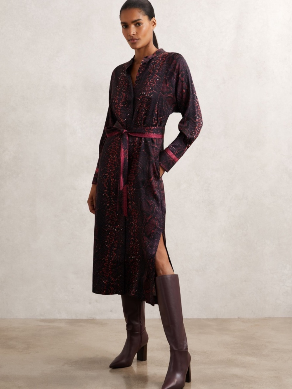Reiss Burgundy/Black Daria Snake-Print Belted Shirt Dress